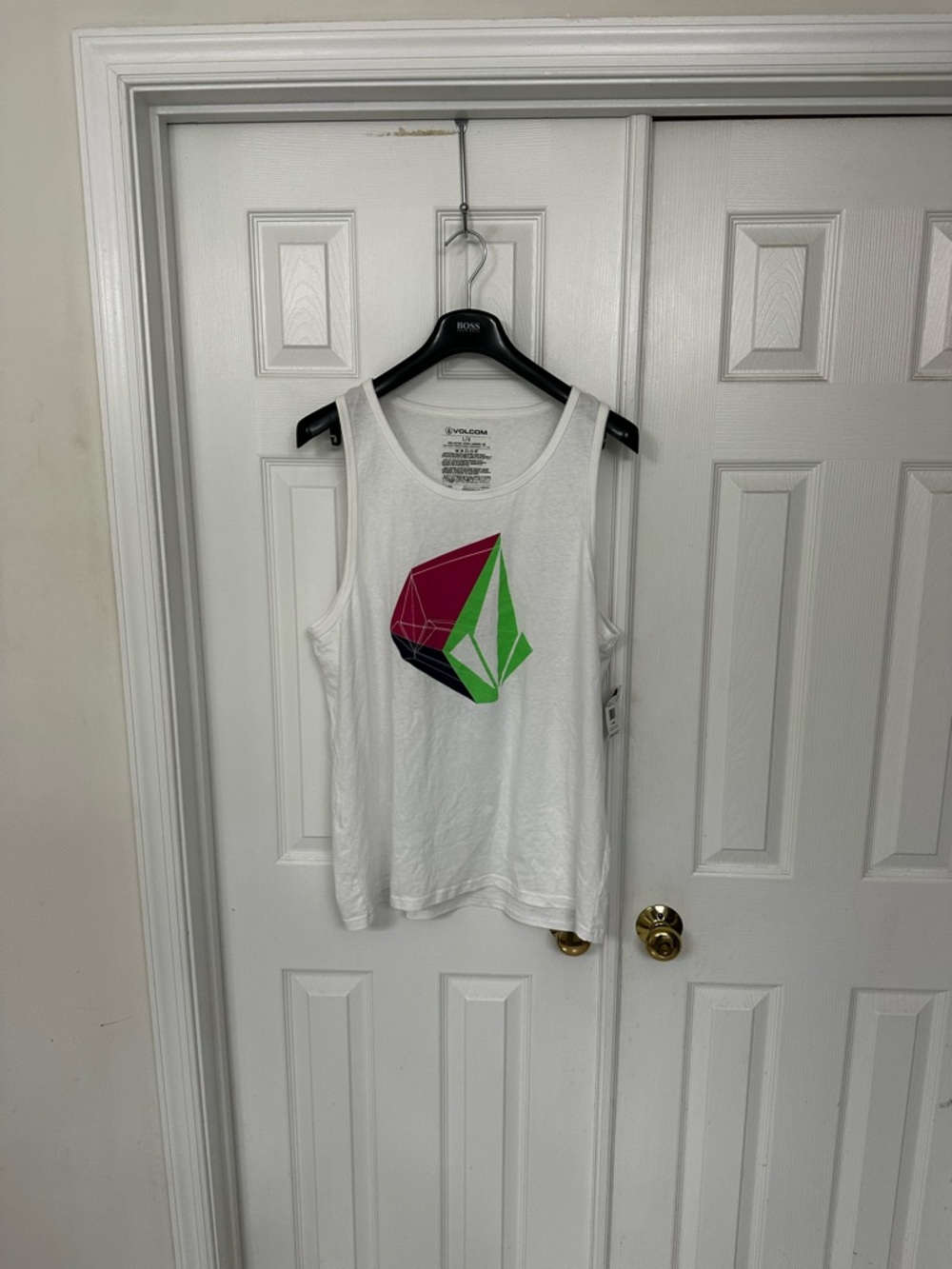 Volcom White Tank with Pink, Green and Black Geometric Graphic